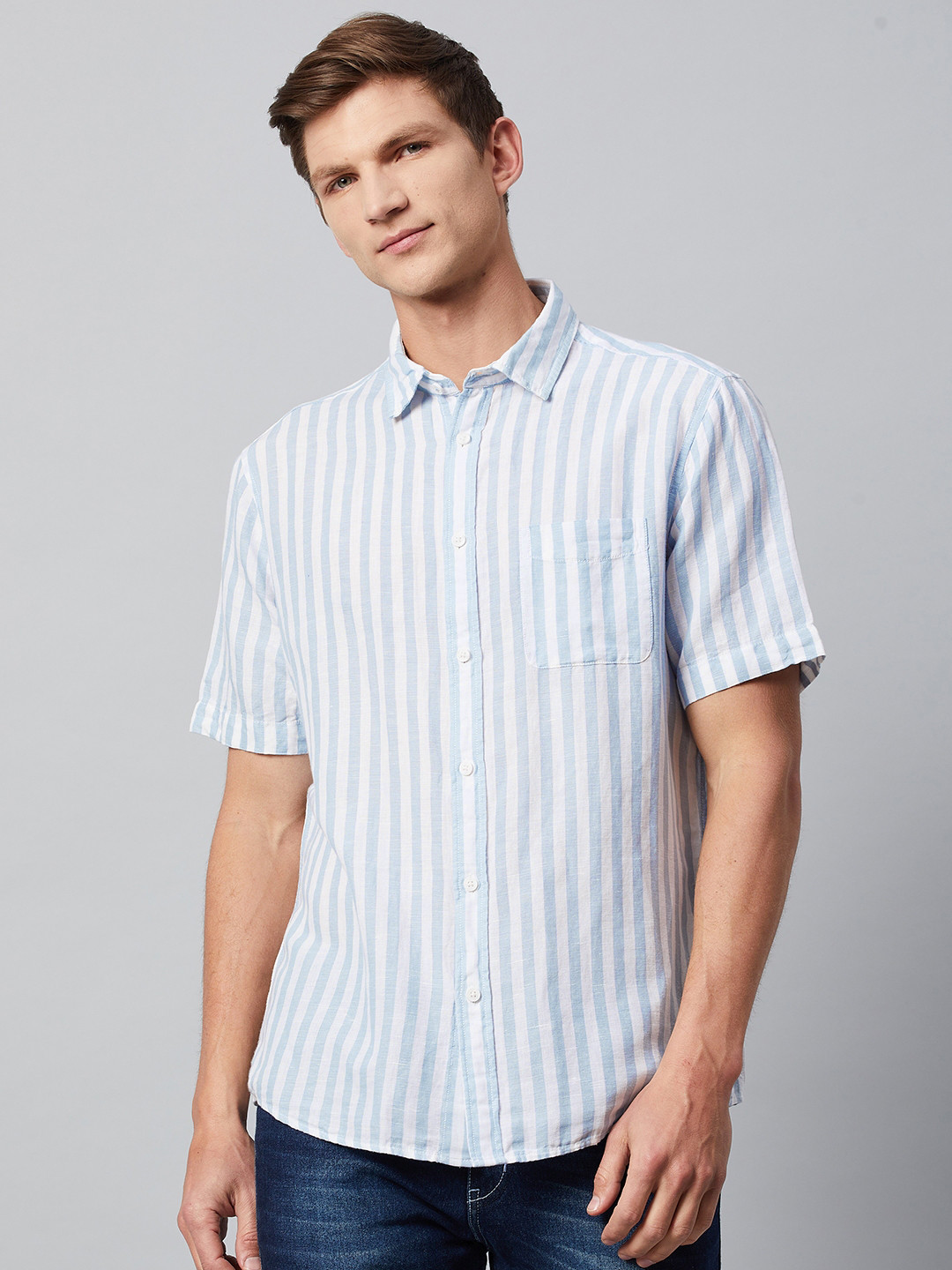 

Marks & Spencer Men Blue Striped Casual Shirt