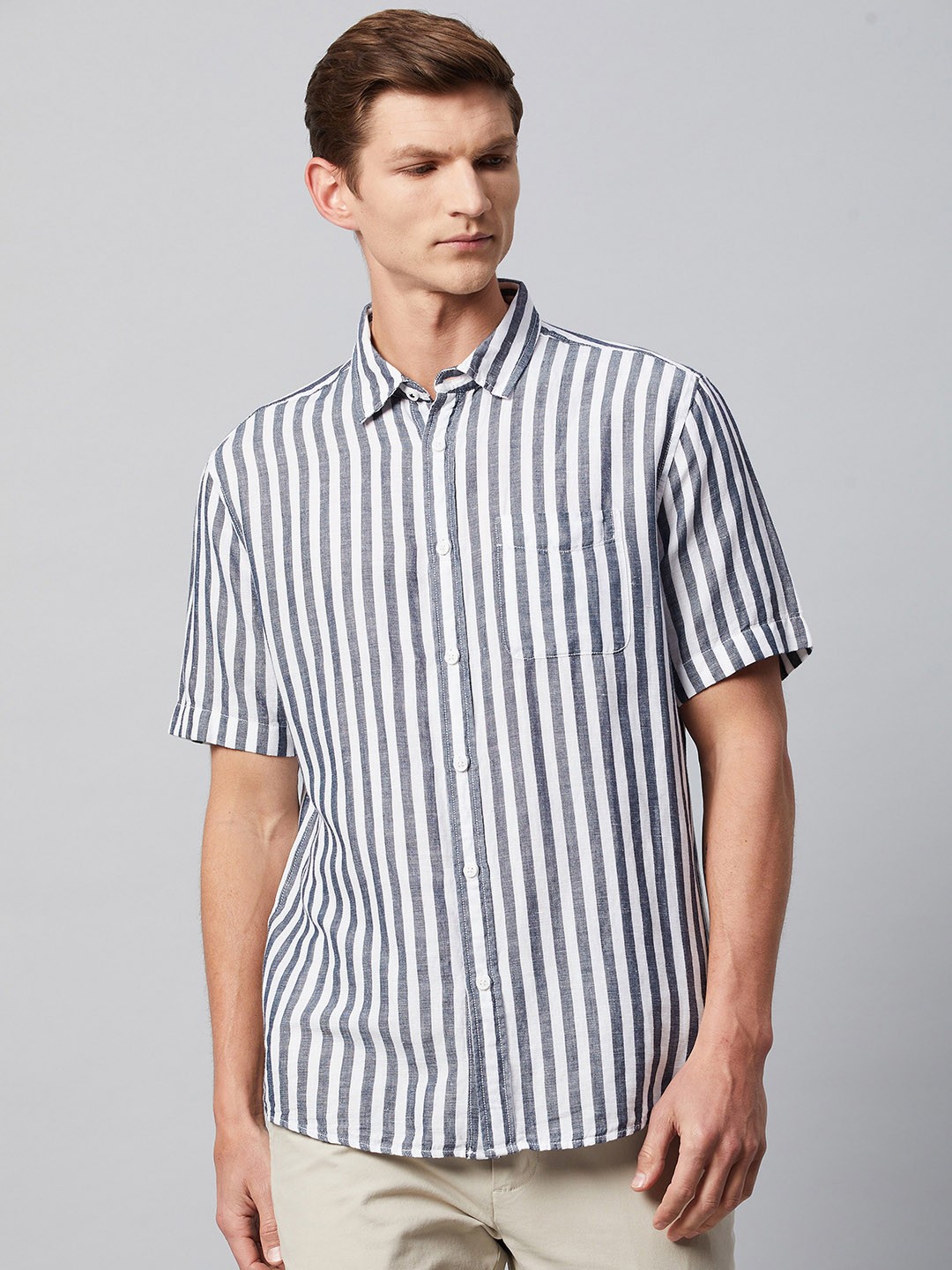 

Marks & Spencer Men Navy Blue Striped Casual Shirt