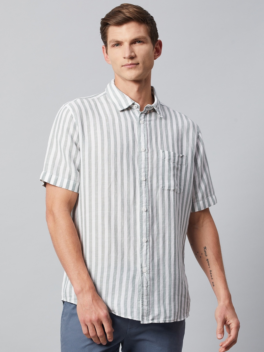 

Marks & Spencer Men Green Striped Casual Shirt