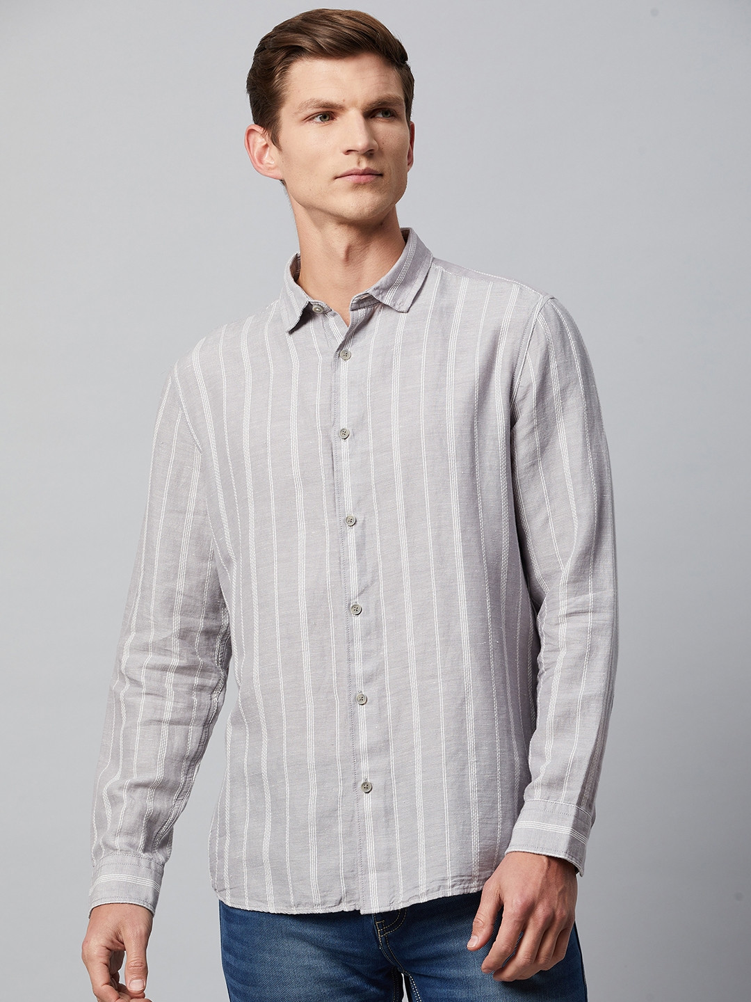 

Marks & Spencer Men Grey Striped Casual Shirt