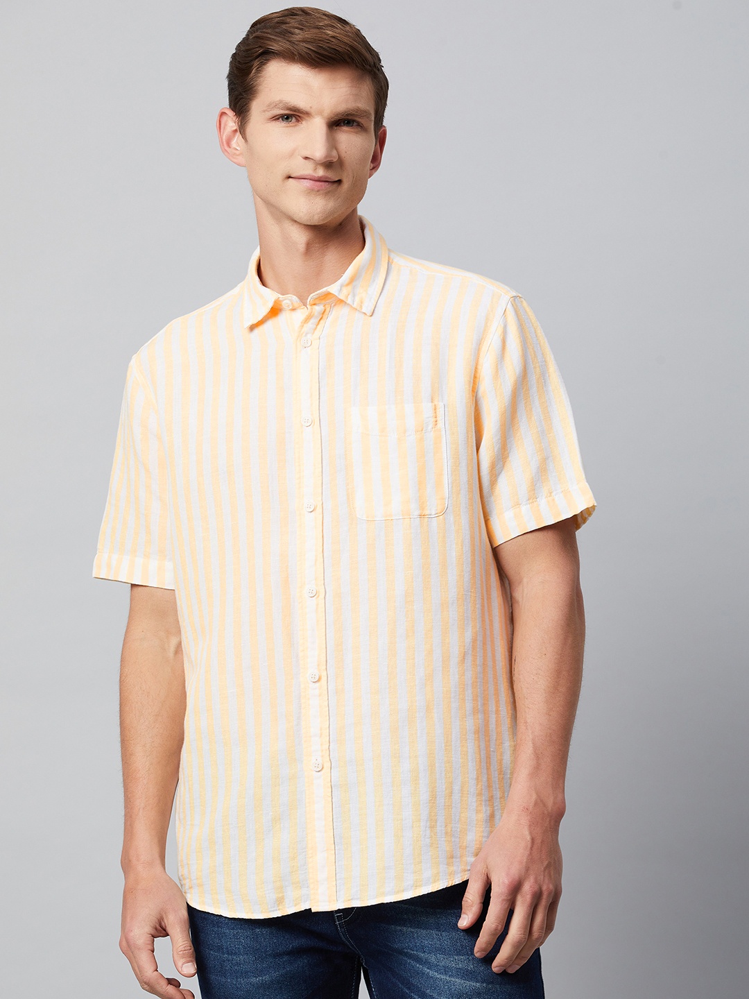 

Marks & Spencer Men Mustard Yellow Striped Casual Shirt