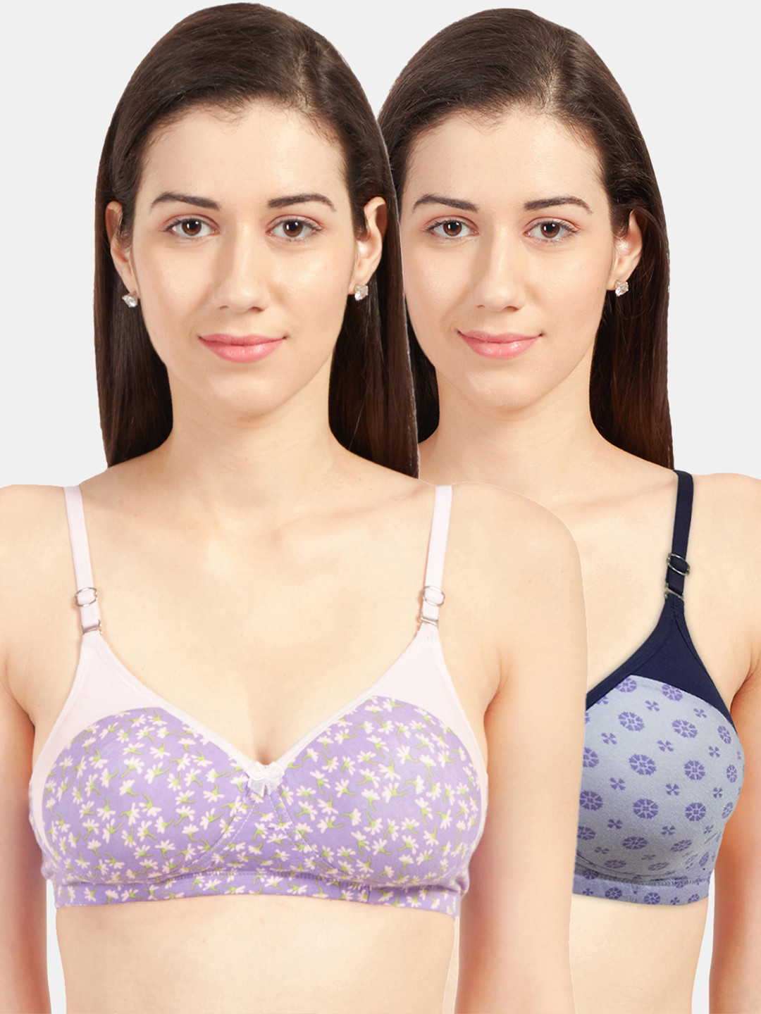 

Sonari Pack Of 2 Pink & Navy Blue Floral Bras Lightly Padded mounabpinkpurple32B