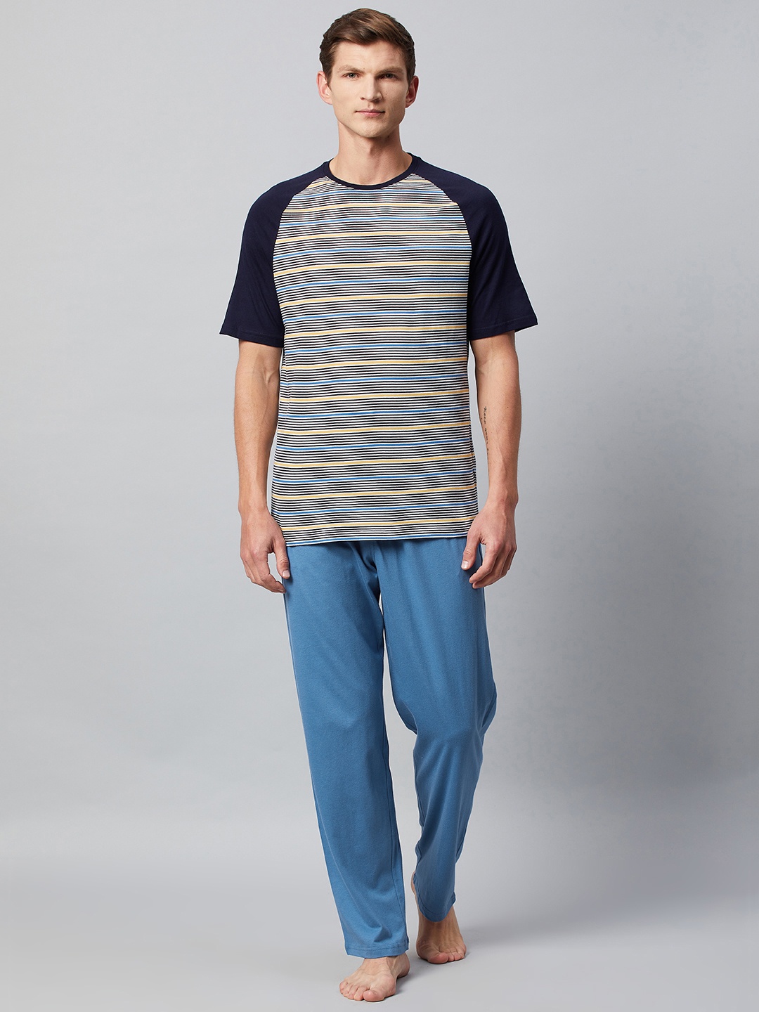 

Marks & Spencer Men Blue & Grey Striped Pure Cotton Night suit