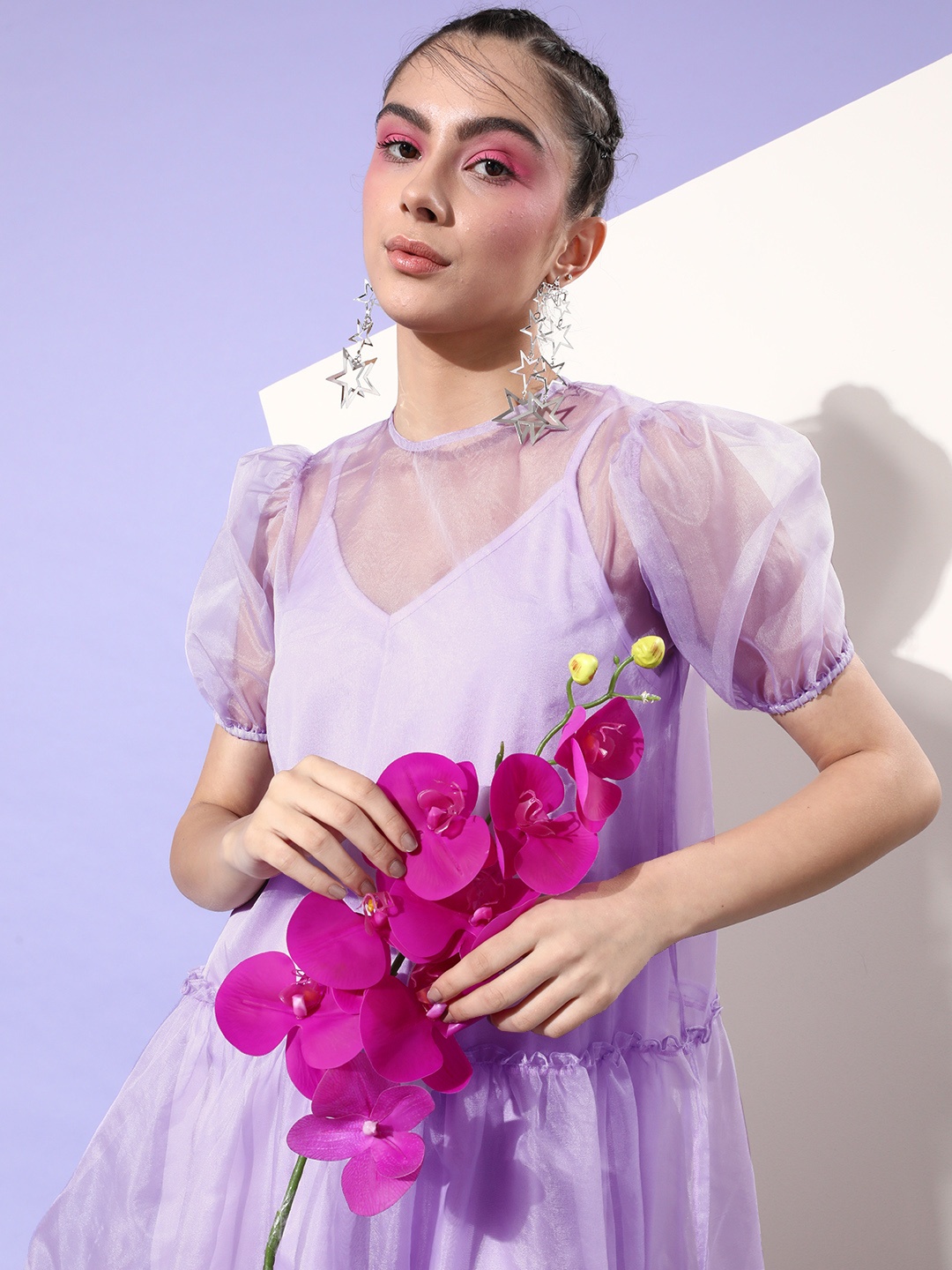 

Style Quotient Women Elegant Lavender Solid Sheer Dress
