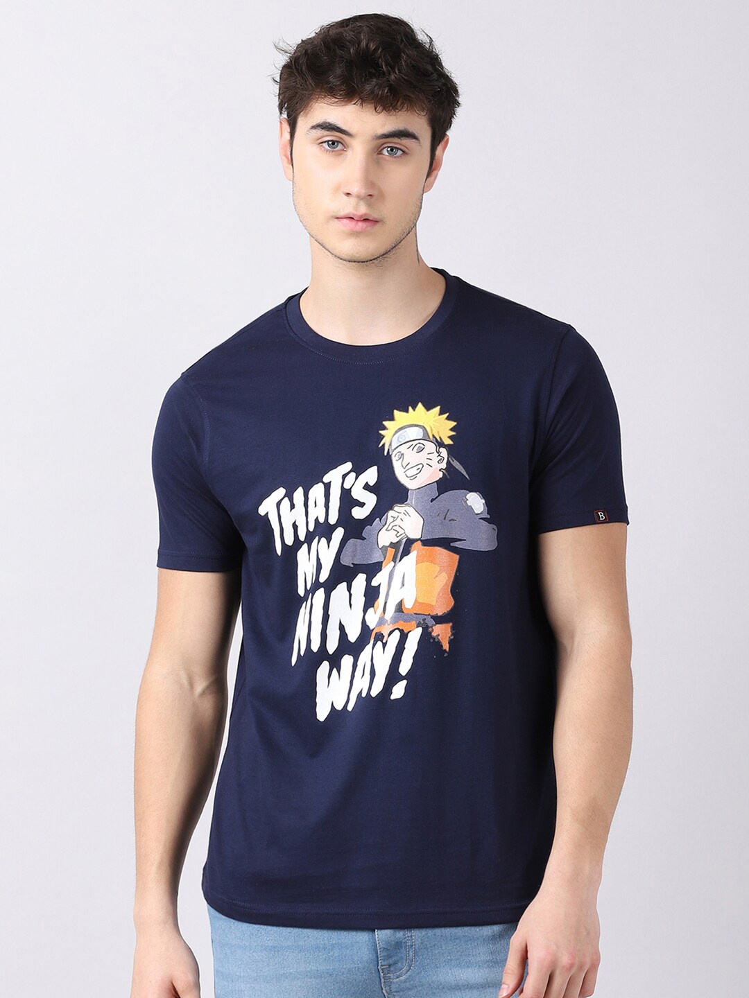 

Bushirt Men Navy Blue Naruto Printed Cotton T-shirt