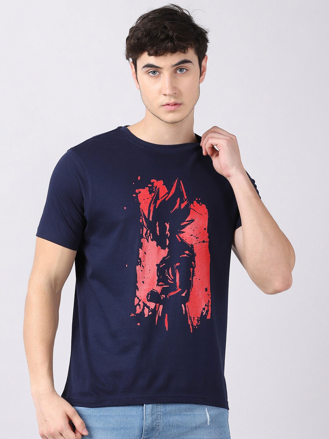 

Bushirt Men Navy Blue Bushirt Goku Ultra Instinct Anime Printed T-shirt