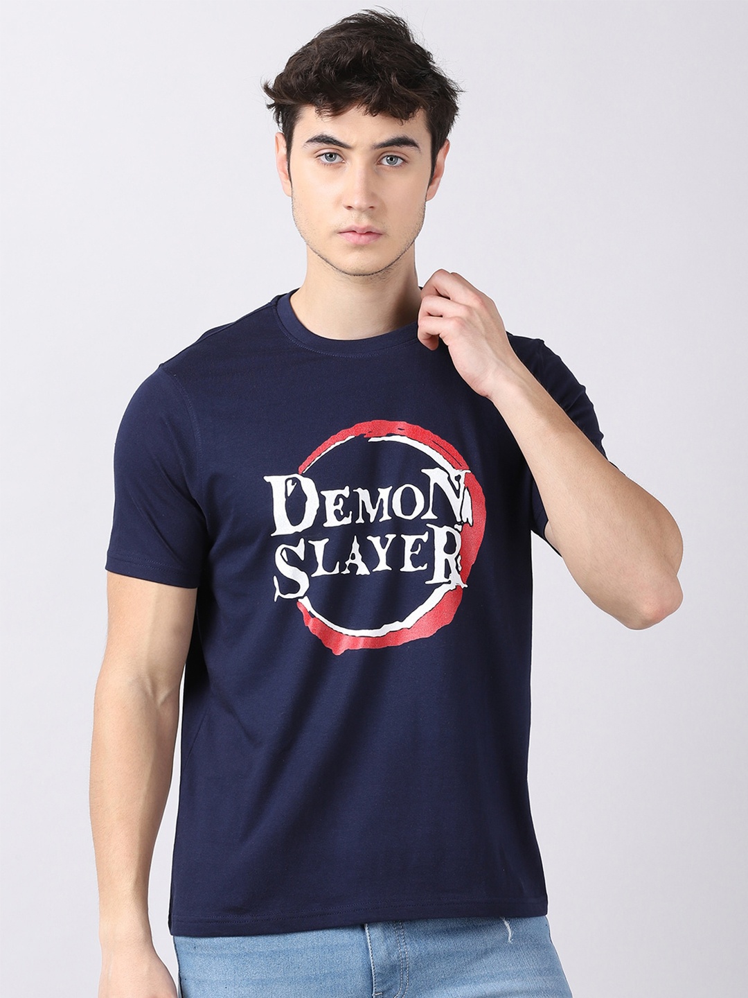 

Bushirt Men Navy Blue Demon Slayer Typography Printed Pure Cotton T-shirt