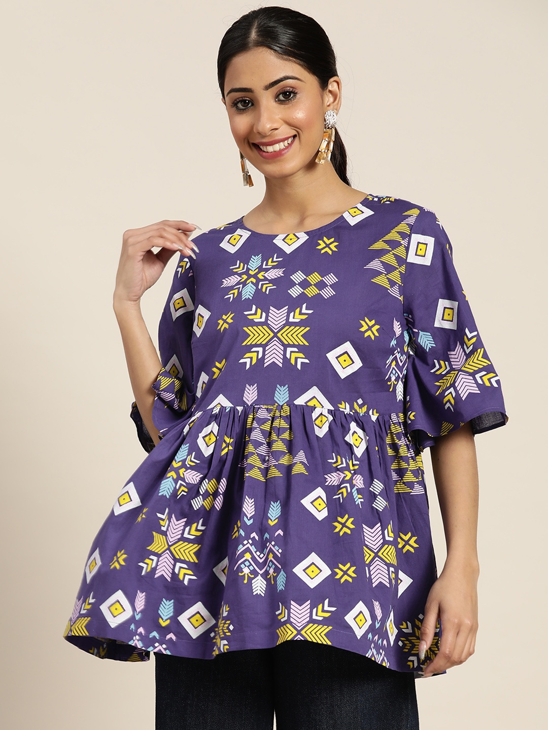 

Sangria Purple & White Ethnic Print Fusion Top