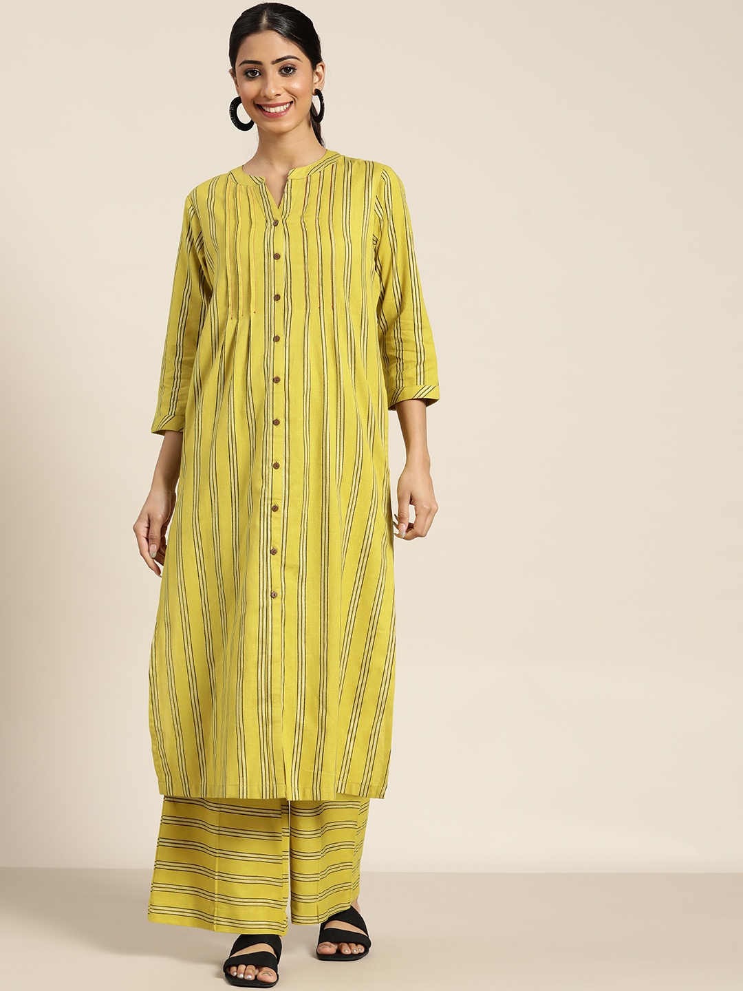 

Sangria Women Mustard Yellow & Black Striped Pure Cotton Kurta with Palazzos