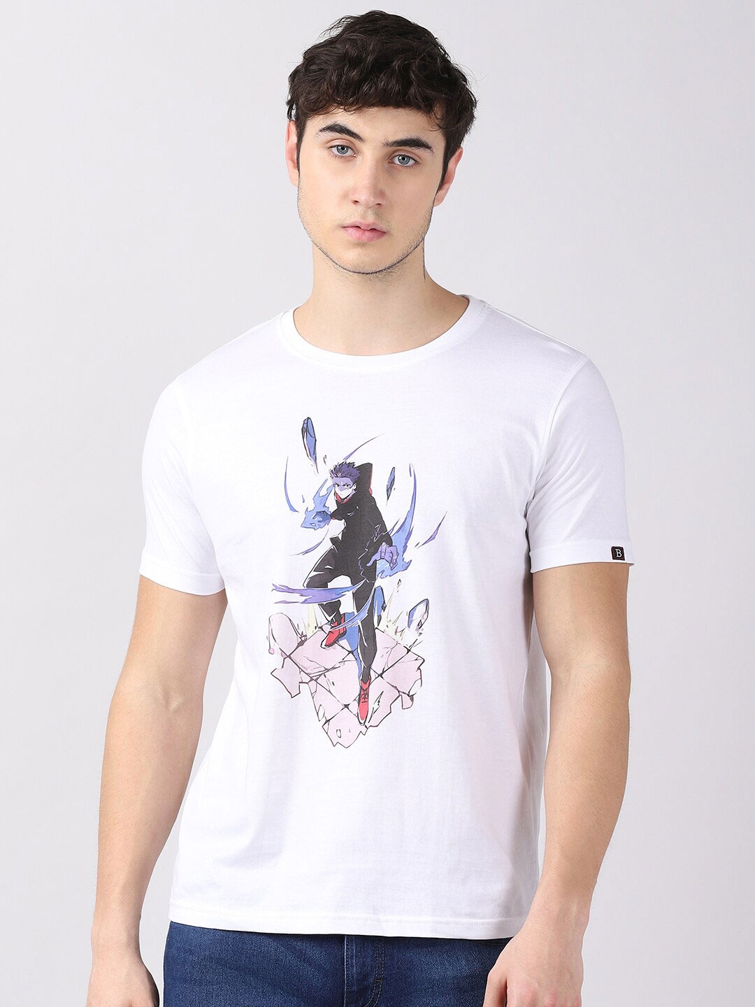 

Bushirt Men White Printed Raw Edge T-shirt