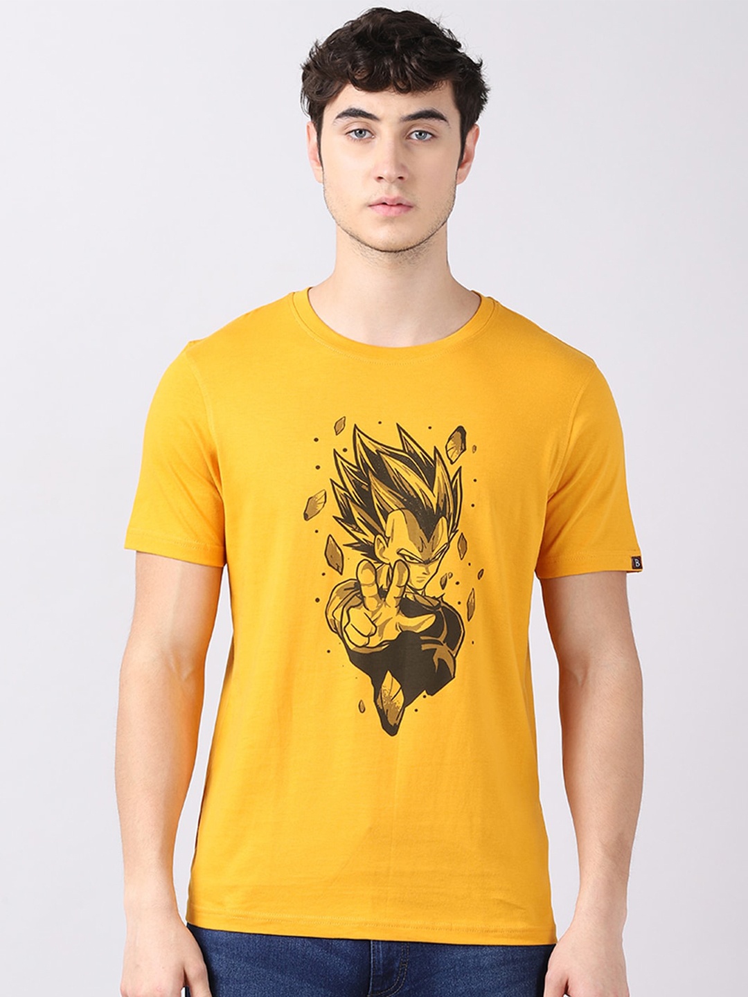 

Bushirt Men Mustard Yellow Dragonball Vegeta & Sasuka Printed Pure Cotton T-shirt