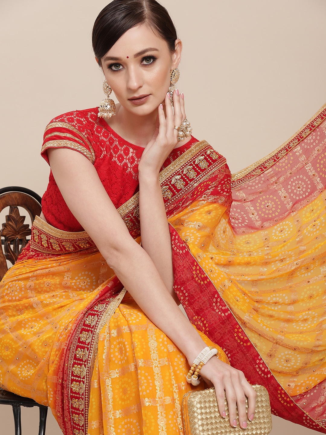 

Chhabra 555 Yellow & Red Bandhani Beads and Stones Heavy Work Bandhani Saree