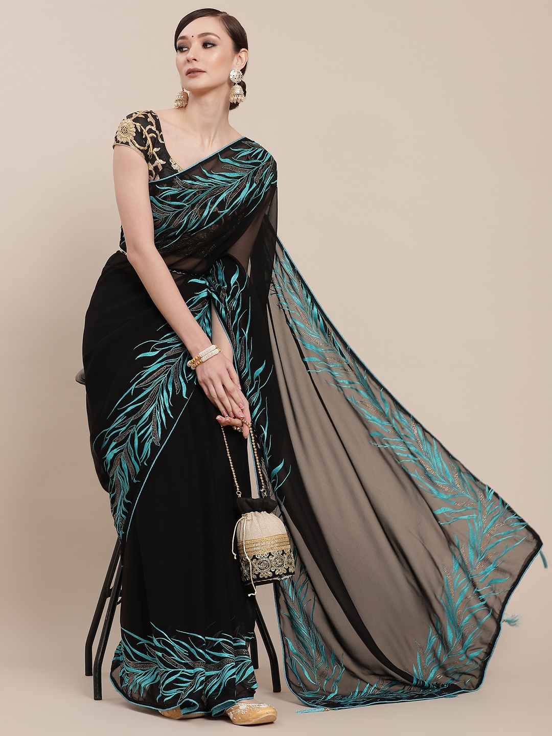 

Chhabra 555 Black & Teal Floral Embroidered Saree