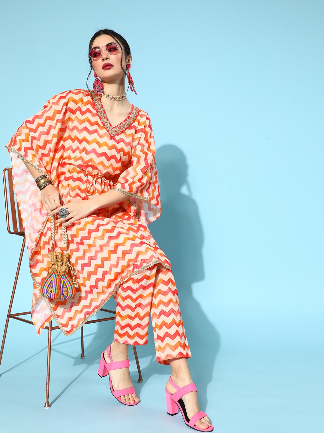 

Varanga Women Orange & Beige Striped Chevron Kaftan Kurta Set