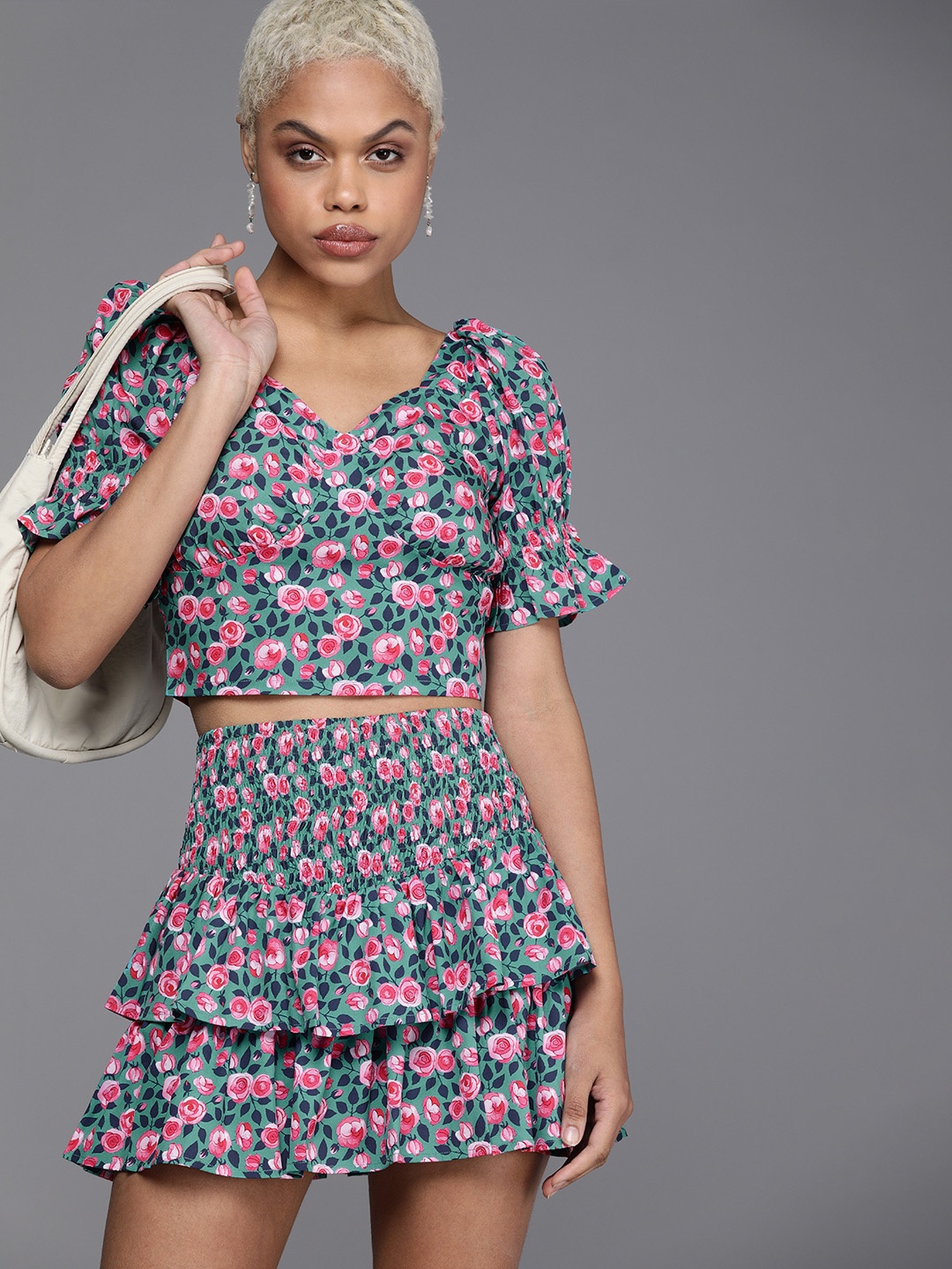 

Style Quotient Women Floral Printed Smocked Co-Ord Set, Teal
