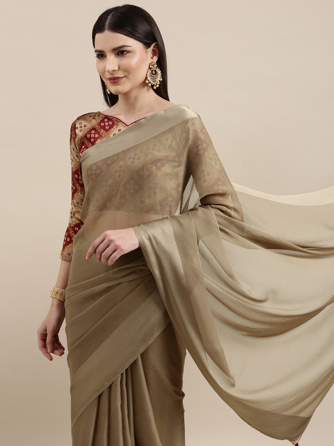 

KALINI Taupe Solid Saree