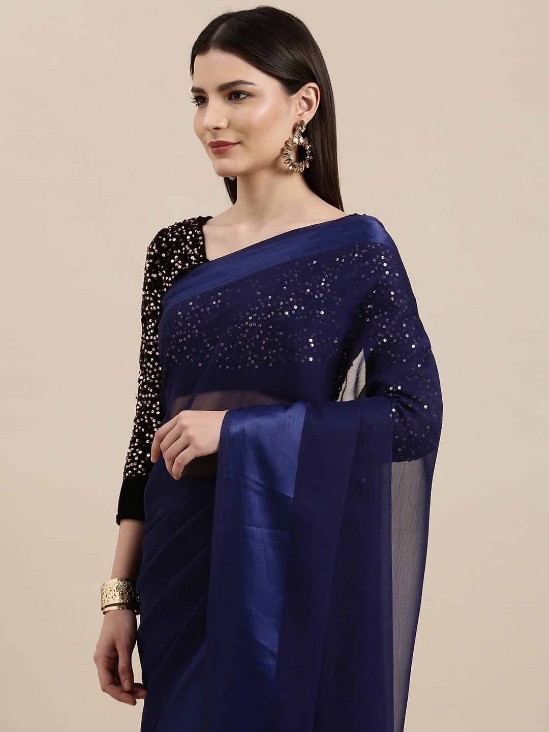 

KALINI Navy Blue Solid Saree