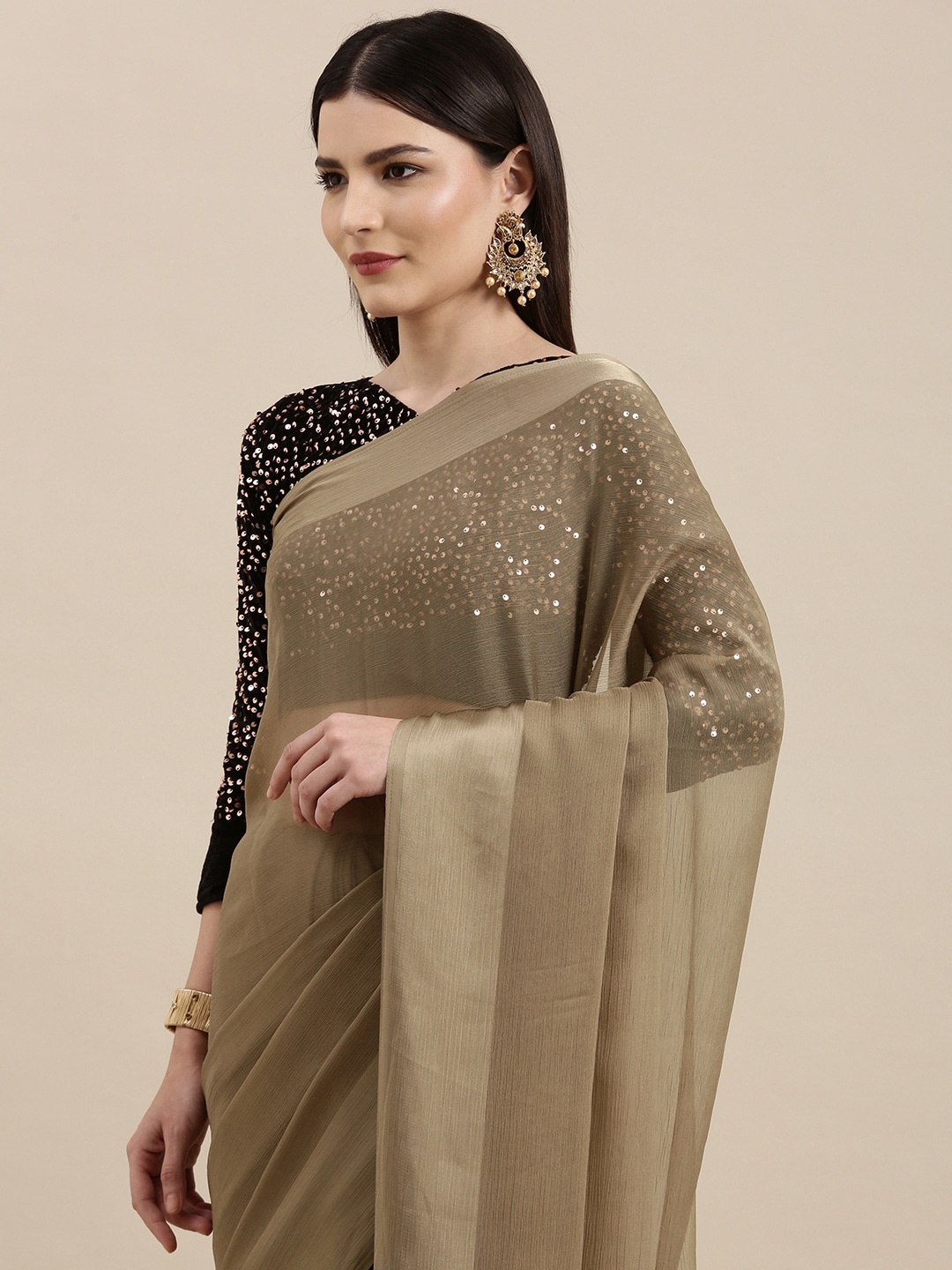 

KALINI Taupe Solid Saree