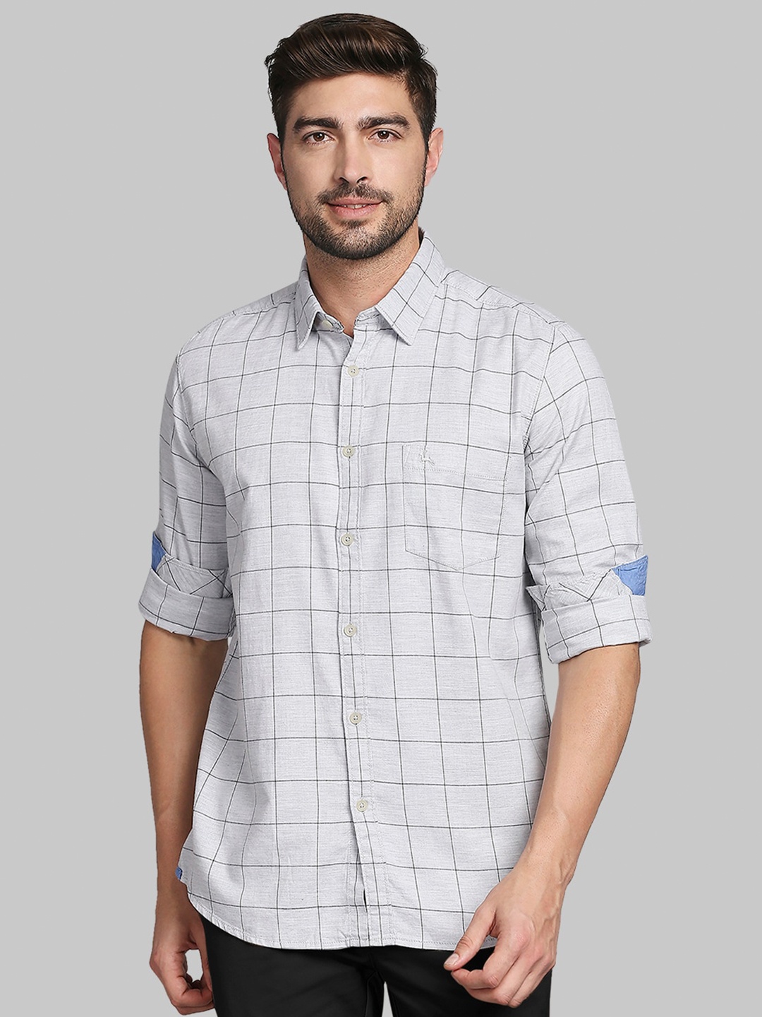 

Parx Men Grey Slim Fit Windowpane Checks Checked Casual Shirt