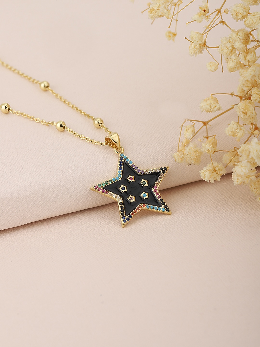 

Carlton London Women Gold-Plated & Black Brass Enamelled Star Shaped Pendant Necklace