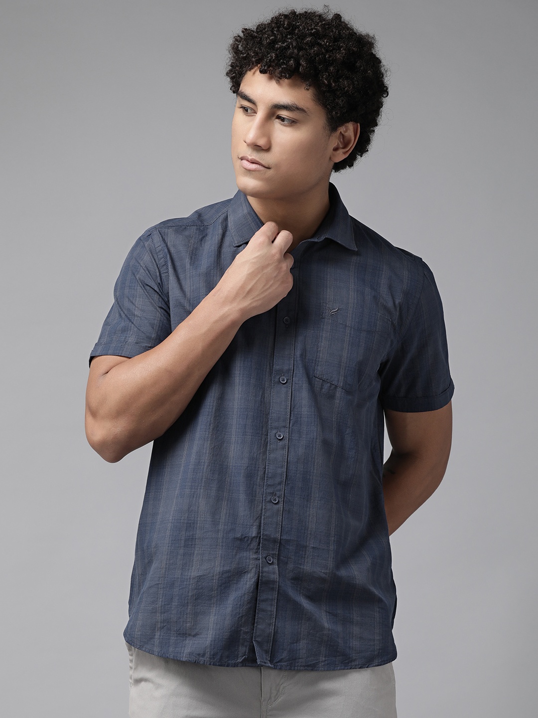 

Blackberrys Men Navy Blue Slim Fit Micro Checked Casual Shirt