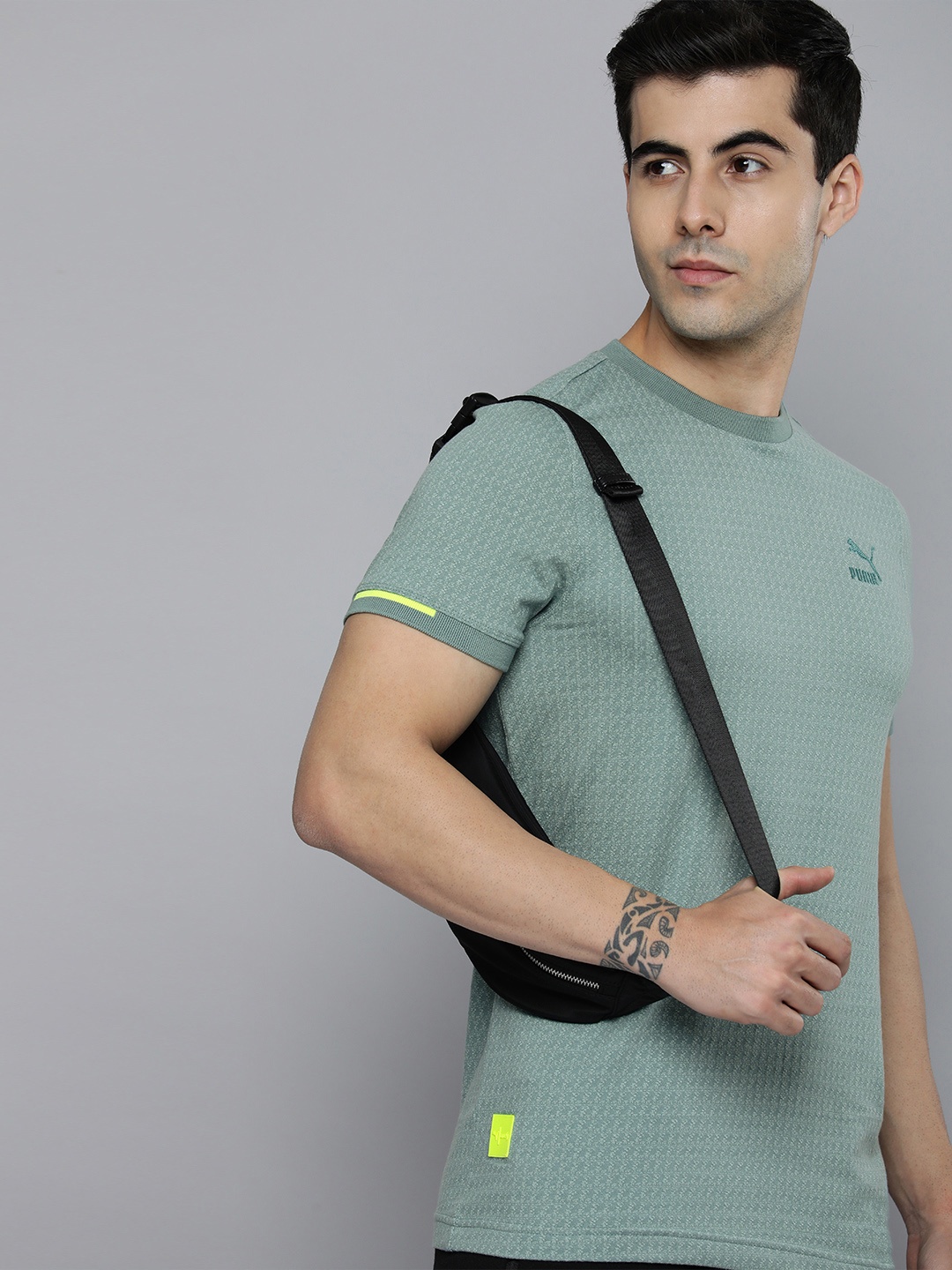 

one8 x PUMA Men Light Teal Blue Self Design Pure Cotton Slim Fit T-shirt