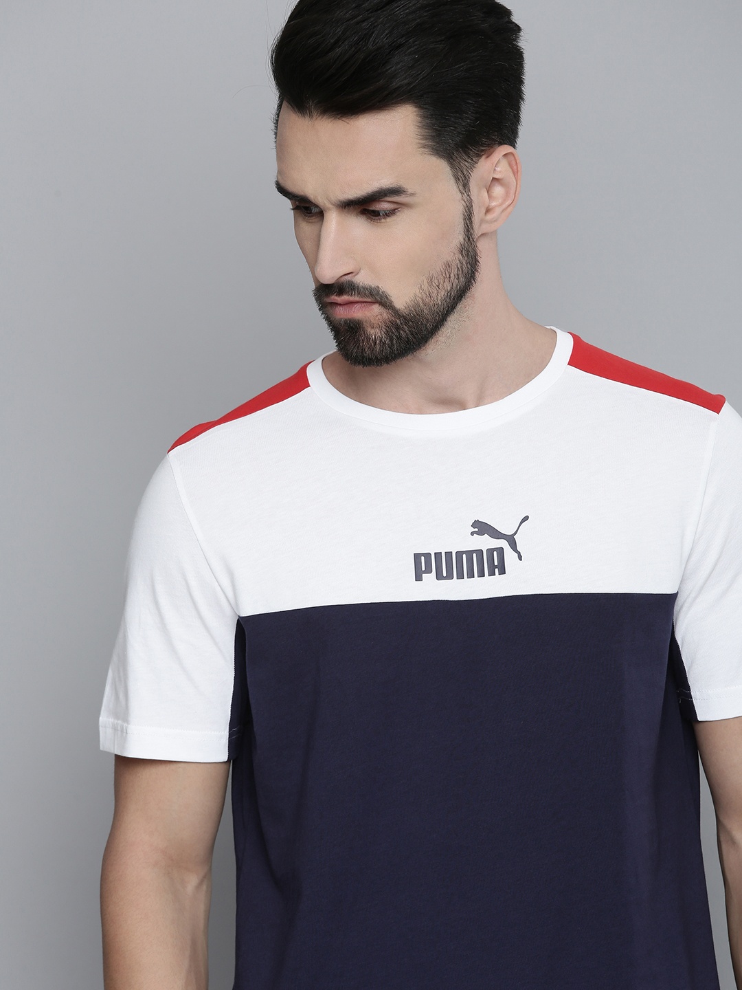 

Puma Men White & Navy Blue Colourblocked Pure Cotton T-shirt