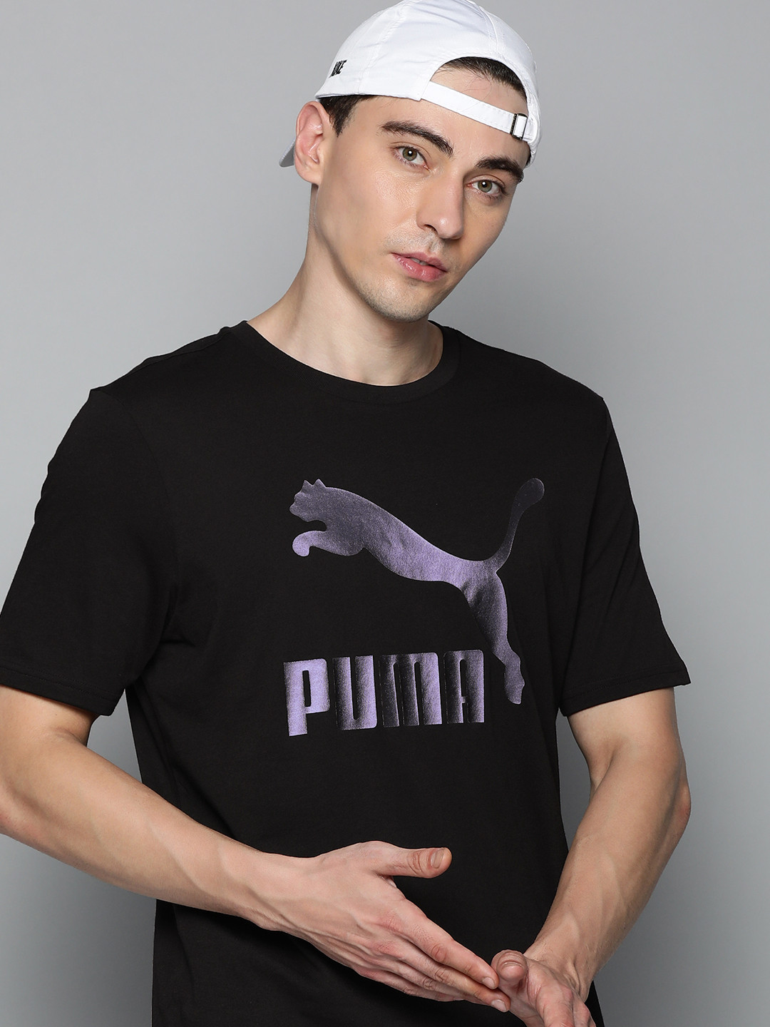 

Puma Men Black Brand Logo Printed Pure Cotton Classics Metallic T-shirt