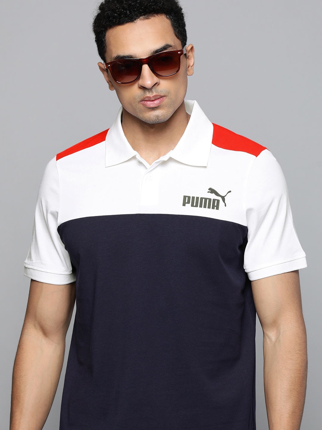 

Puma Men Blue & White Colourblocked Polo Collar T-shirt