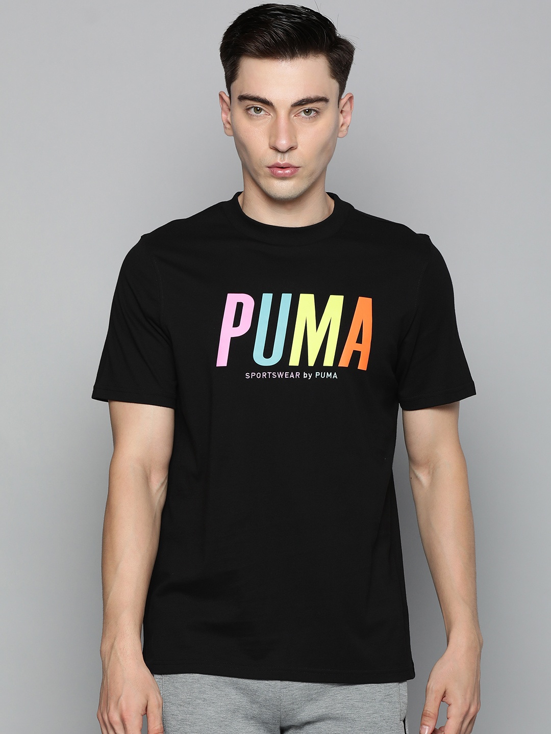 

Puma Men Black & Yellow Brand Logo Printed SWxP Pure Cotton Round Neck T-shirt