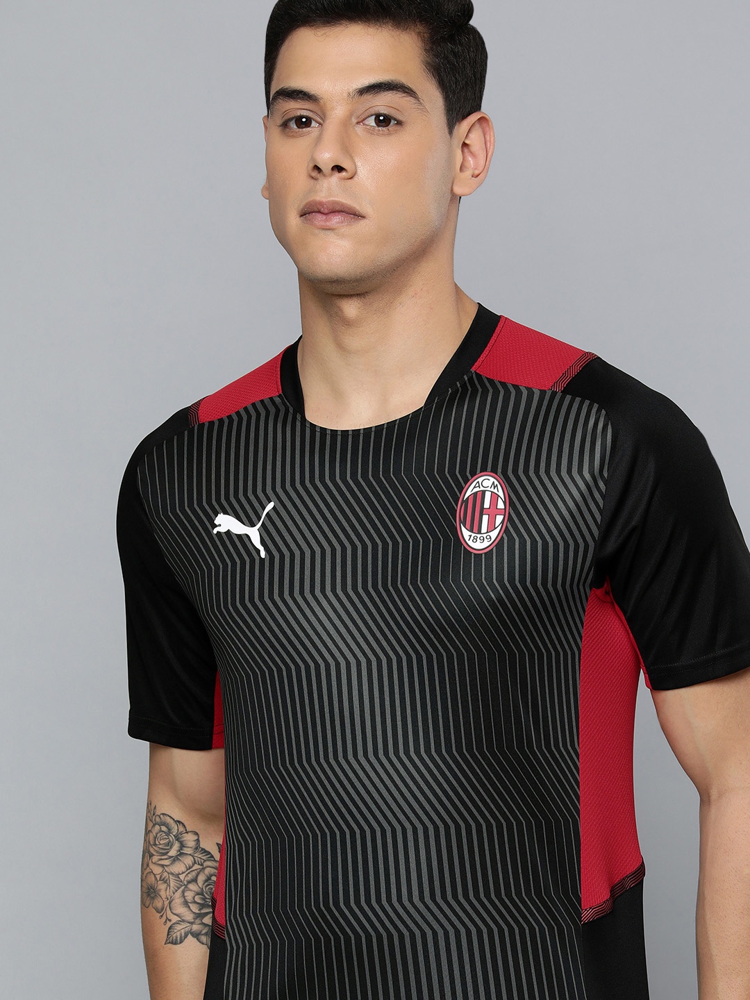 

Puma Men Black & Grey A C Milan Slim Fit Sustainable Football T-shirt
