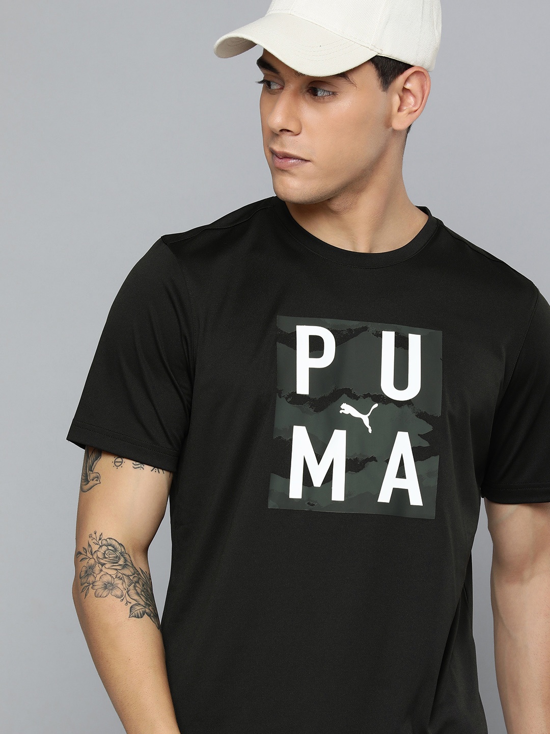 Puma Men Black & White Brand Logo Printed Training or Gym T-shirt