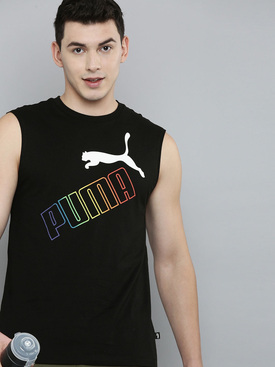 

Puma Men Black & Multicoloured Brand Logo Printed Sleeveless Casual T-shirt