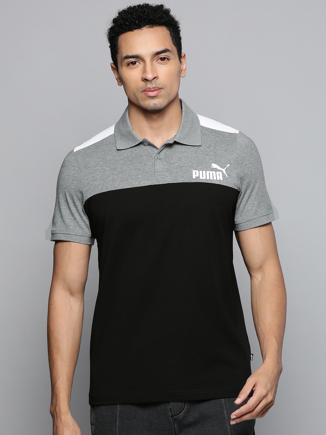 

Puma Men Black & Grey Brand Logo Printed Polo Collar T-shirt