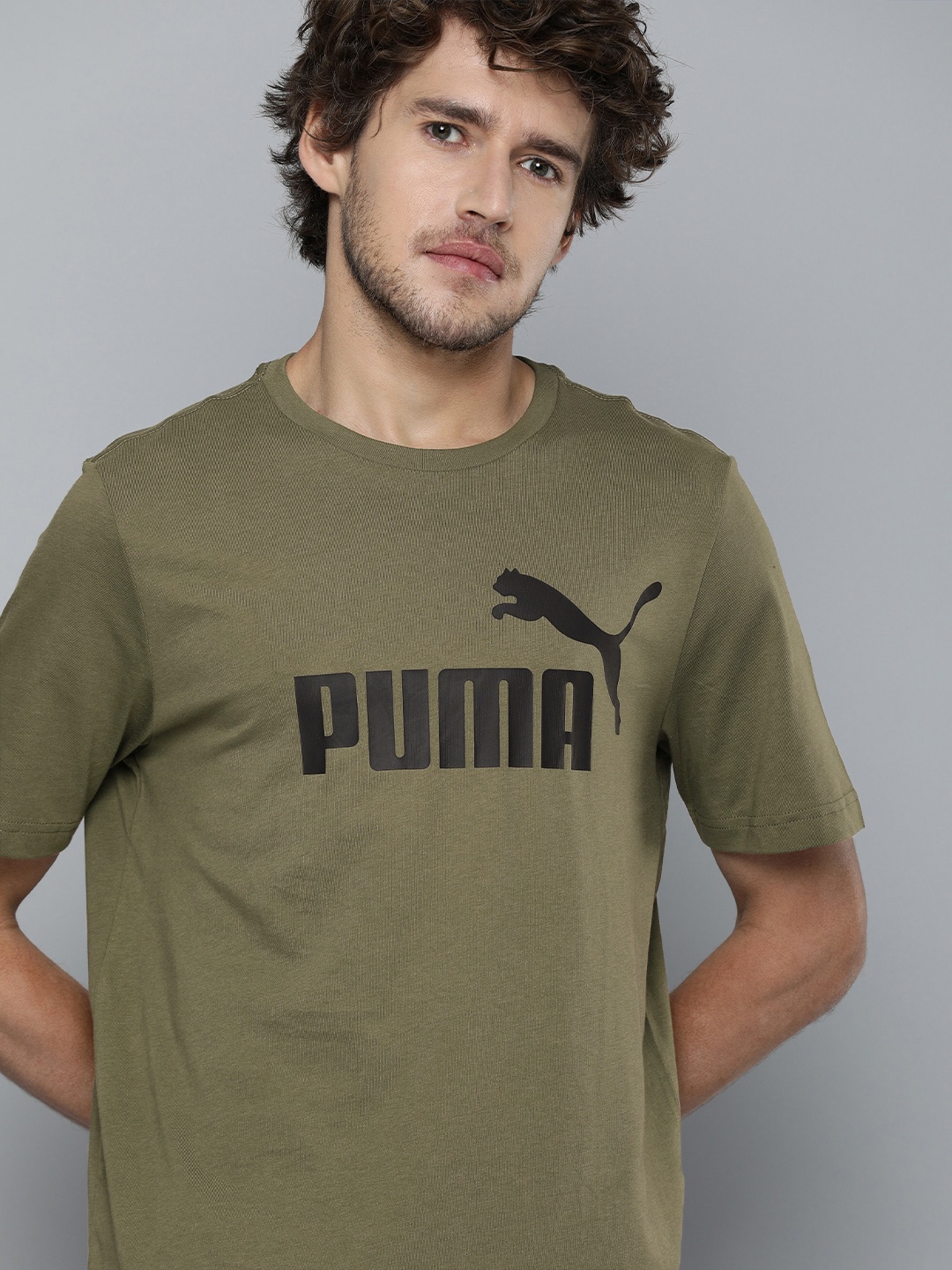

Puma Men Olive Green Essentials Brand Logo Print Round Neck Regular Fit T-shirt
