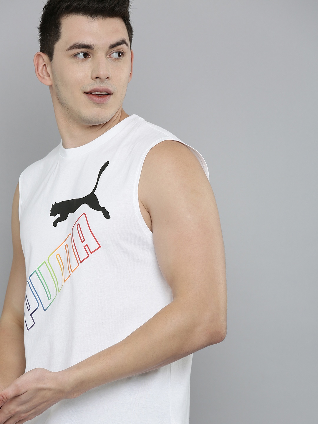 

Puma Men White & Black Brand Logo Printed Sleevless Pure Cotton T-shirt