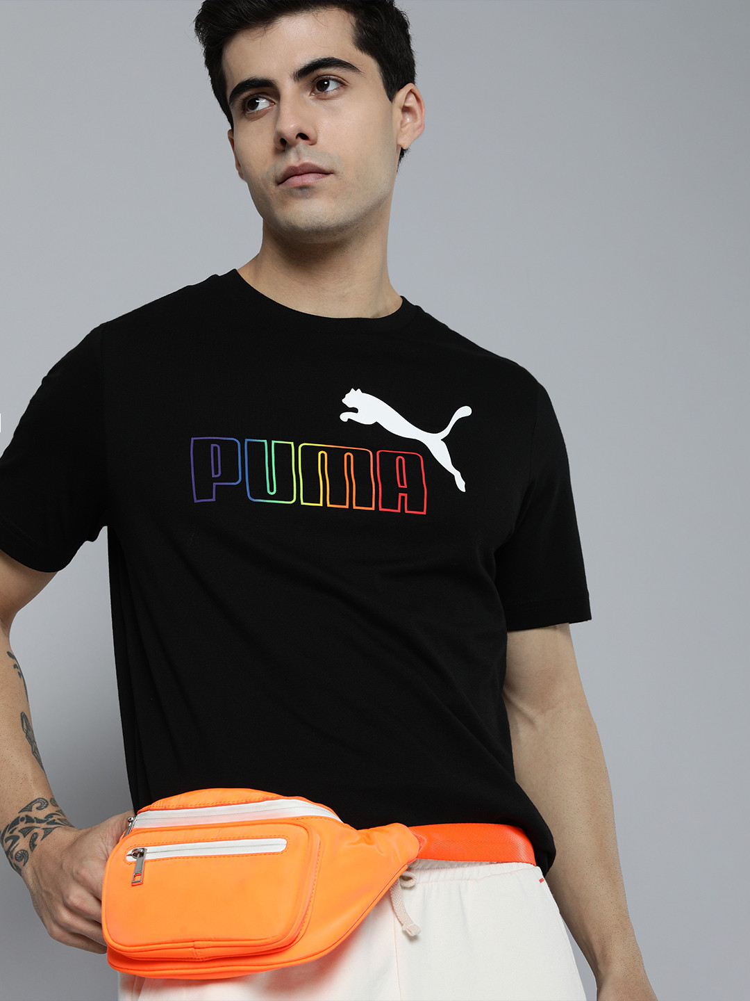 

Puma Men Black Brand Logo Print Round Neck Essentials+ Rainbow Knitted T-shirt