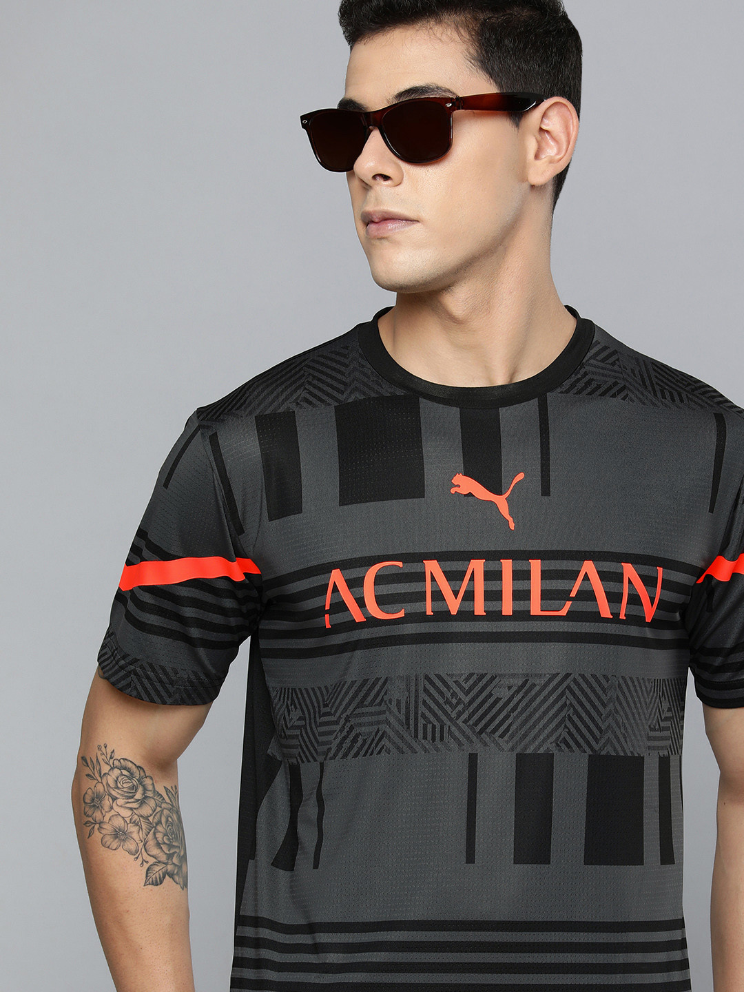 

Puma Men Black & Orange Brand Logo A C Milan Printed dryCELL Sustainable Football T-shirt