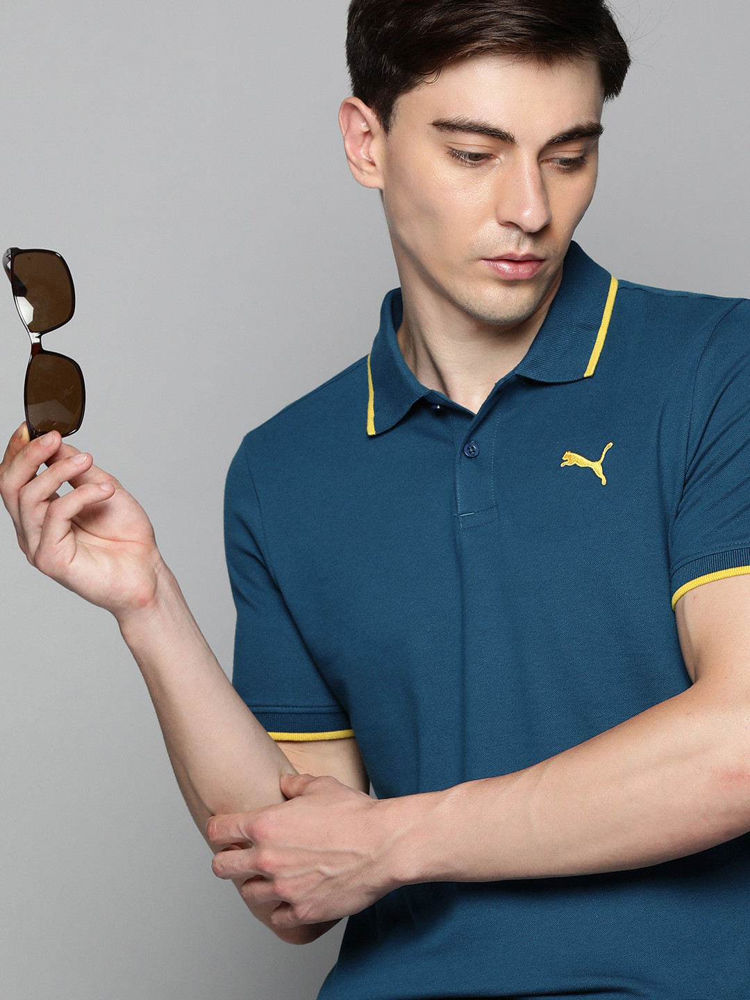 

Puma Men Teal Blue Polo Collar Slim Fit Collar Tipping Heather T-shirt