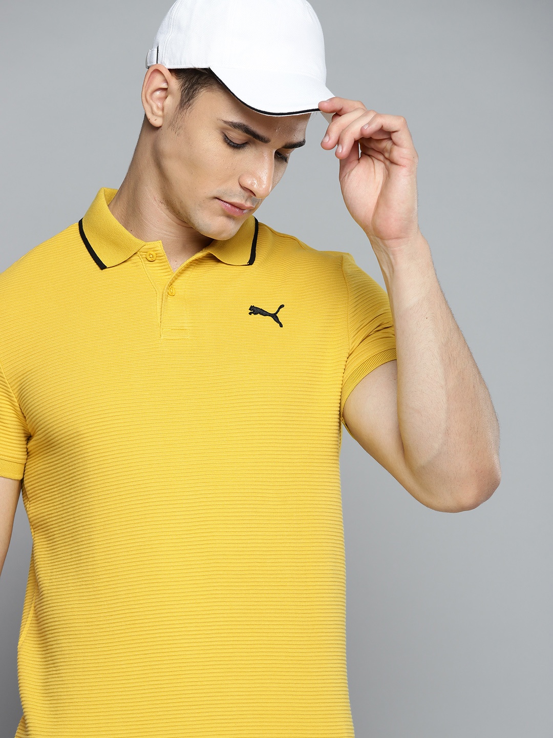 

Puma Men Yellow Ottoman Pure Cotton Brand Logo Polo Collar Slim Fit T-shirt