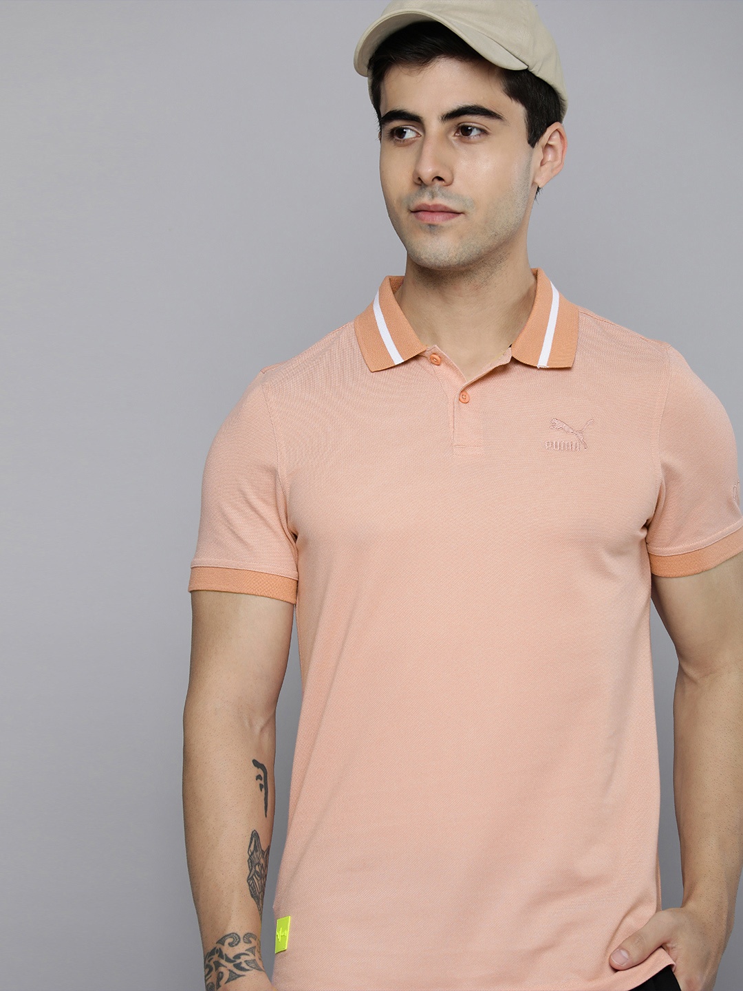 

one8 x PUMA Men Peach-Coloured Embroidered Polo Collar Slim Fit T-shirt