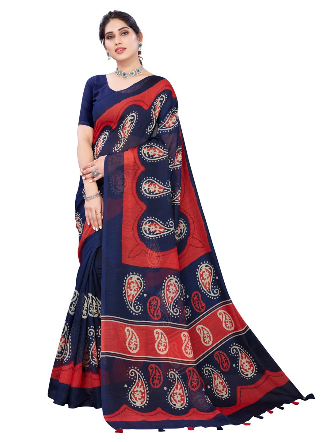 

KALINI Navy Blue & Red Ethnic Motifs Saree