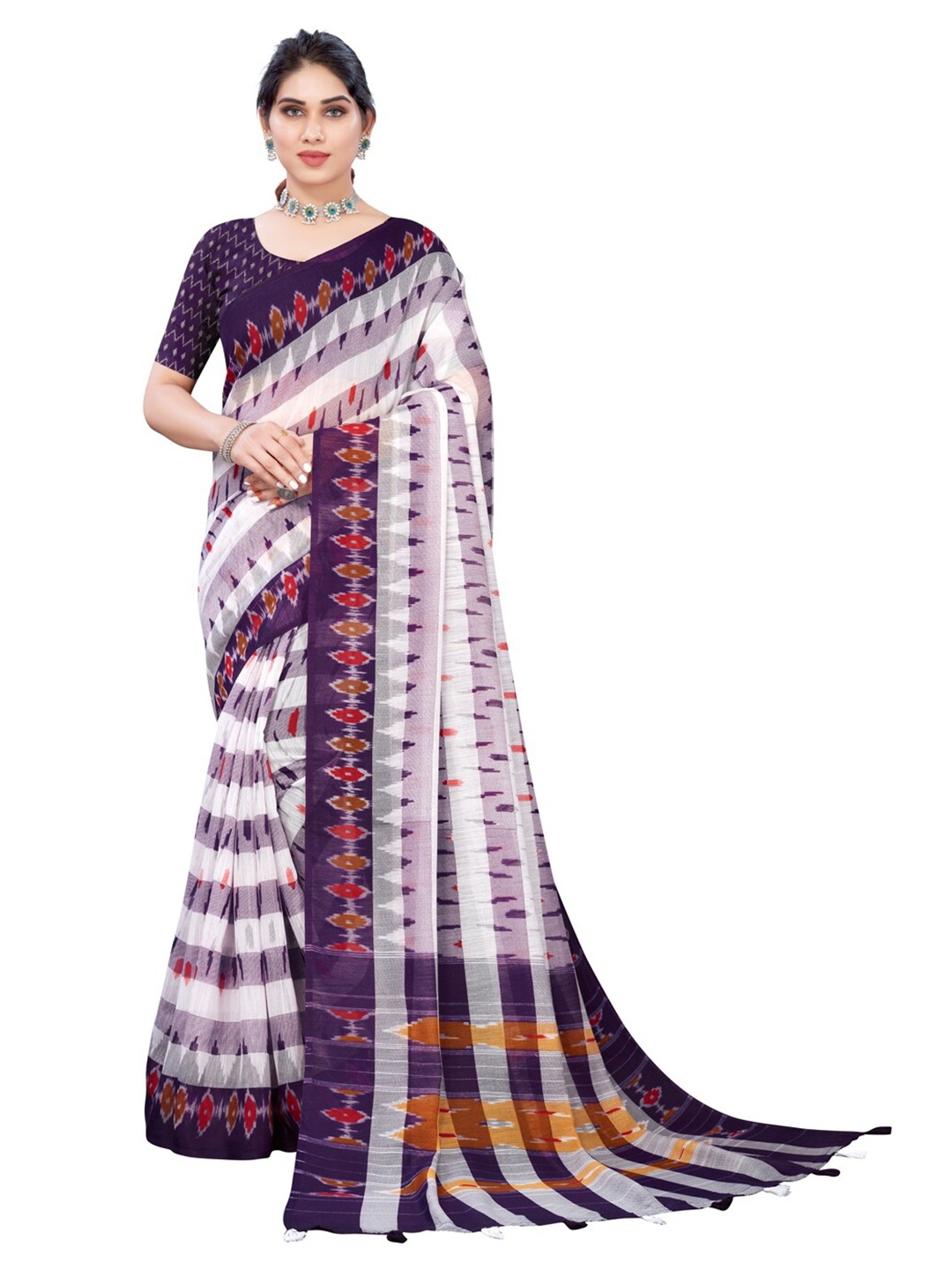 

KALINI White & Purple Geometric Printed Saree