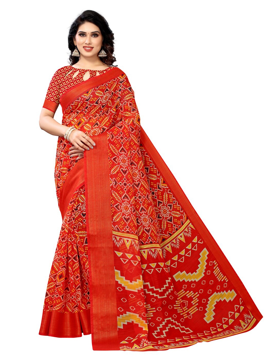 

KALINI Red & Yellow Ethnic Motifs Zari Patola Saree