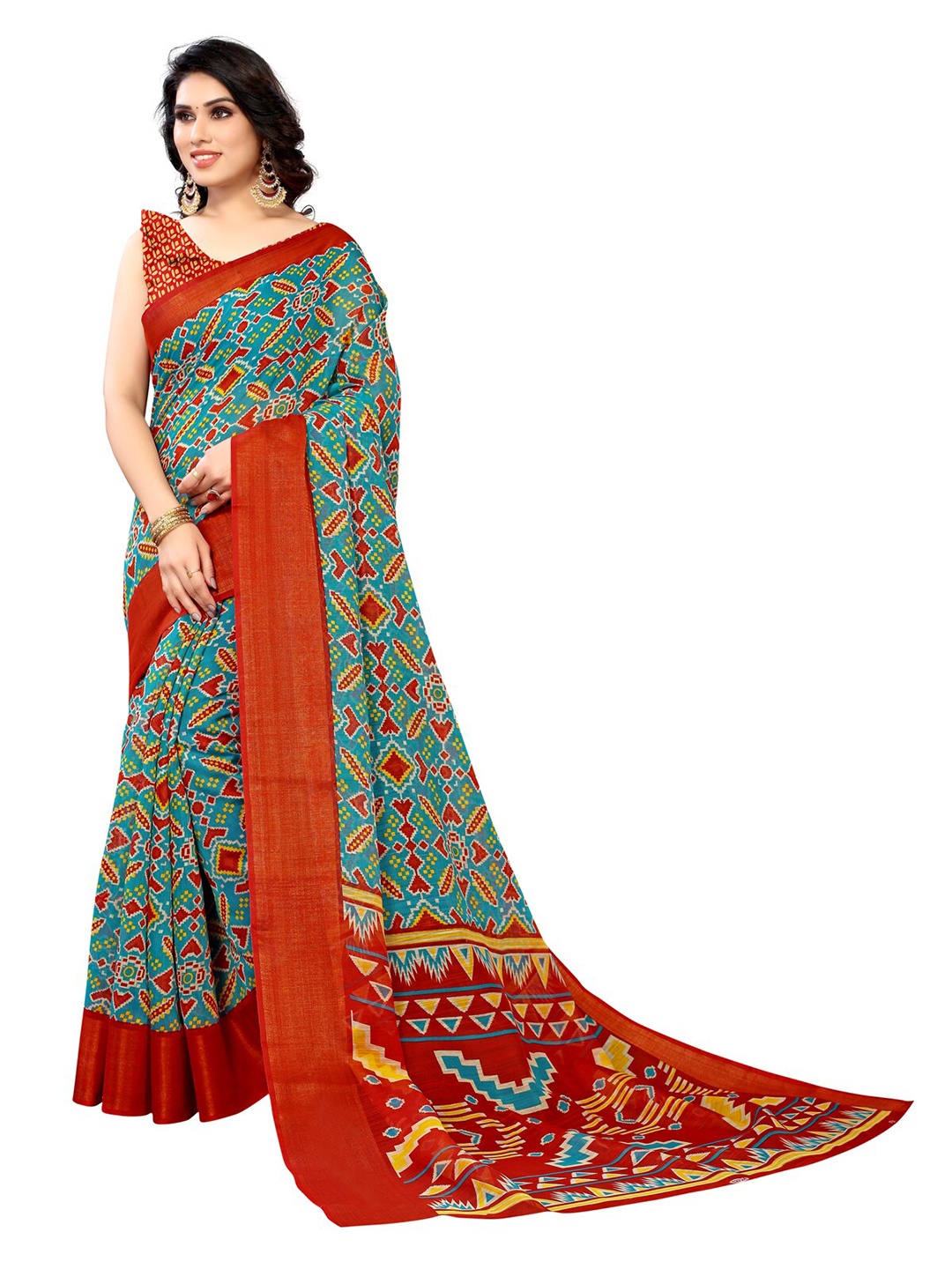 

KALINI Turquoise Blue & Red Zari Patola Saree