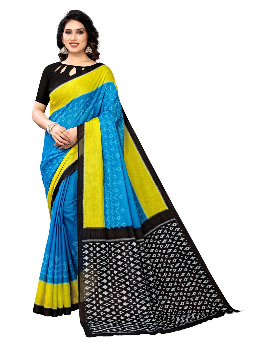 

KALINI Blue & Black Floral Pure Cotton Saree