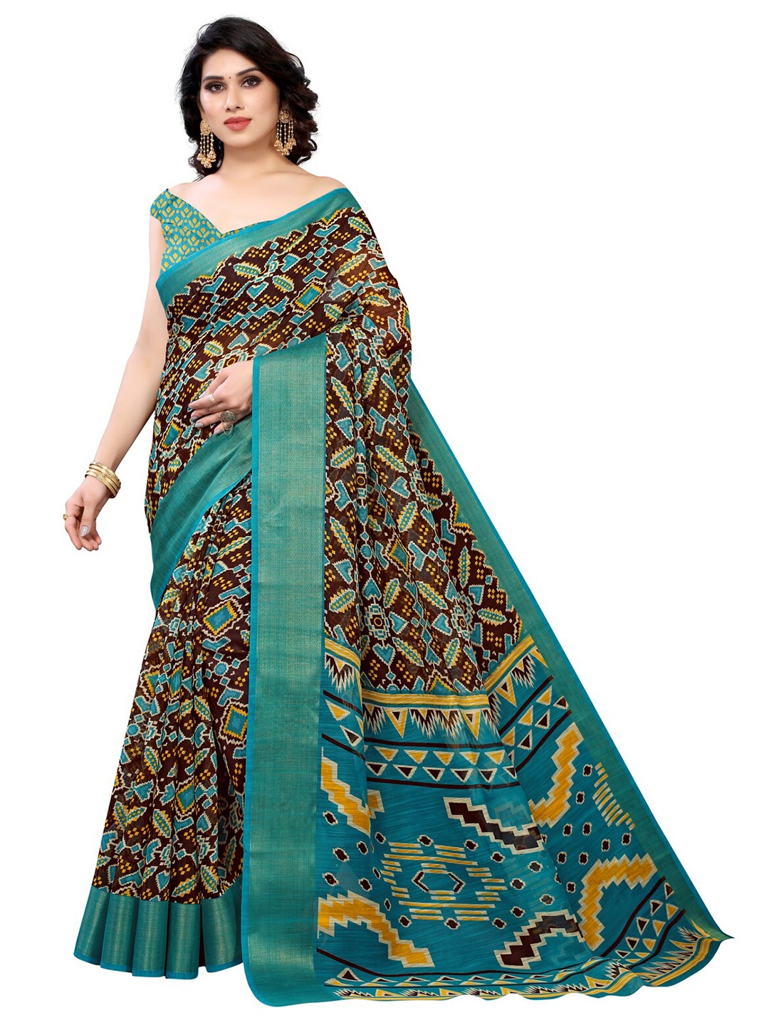 

KALINI Brown & Blue Printed Zari Patola Saree