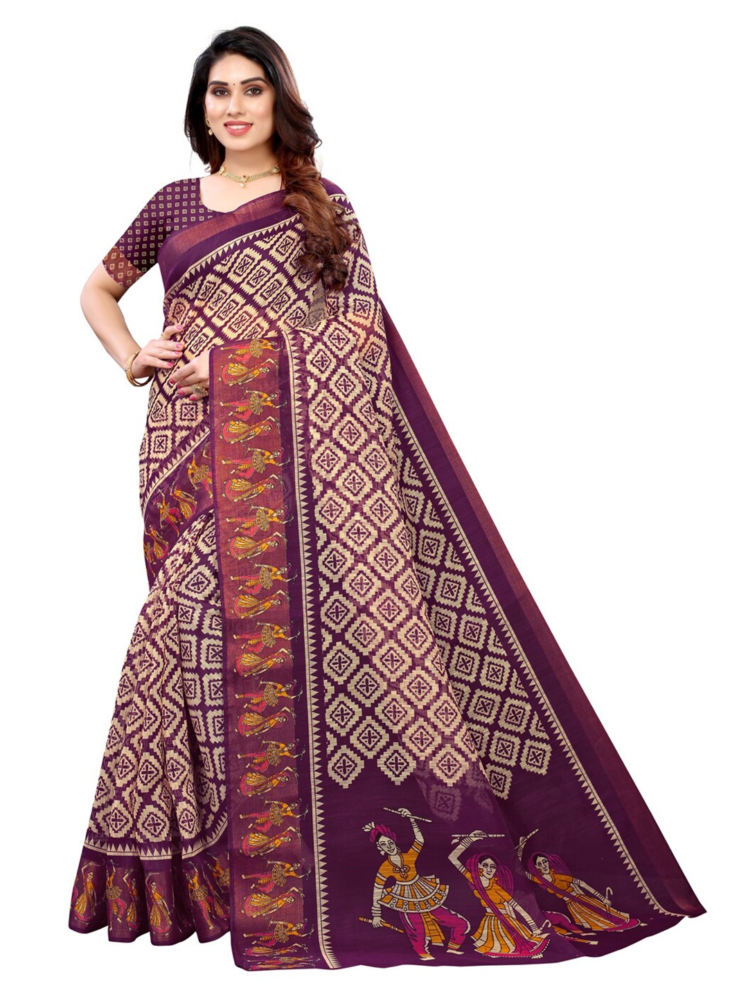 

KALINI Burgundy Printed Poly Cotton Saree, Purple
