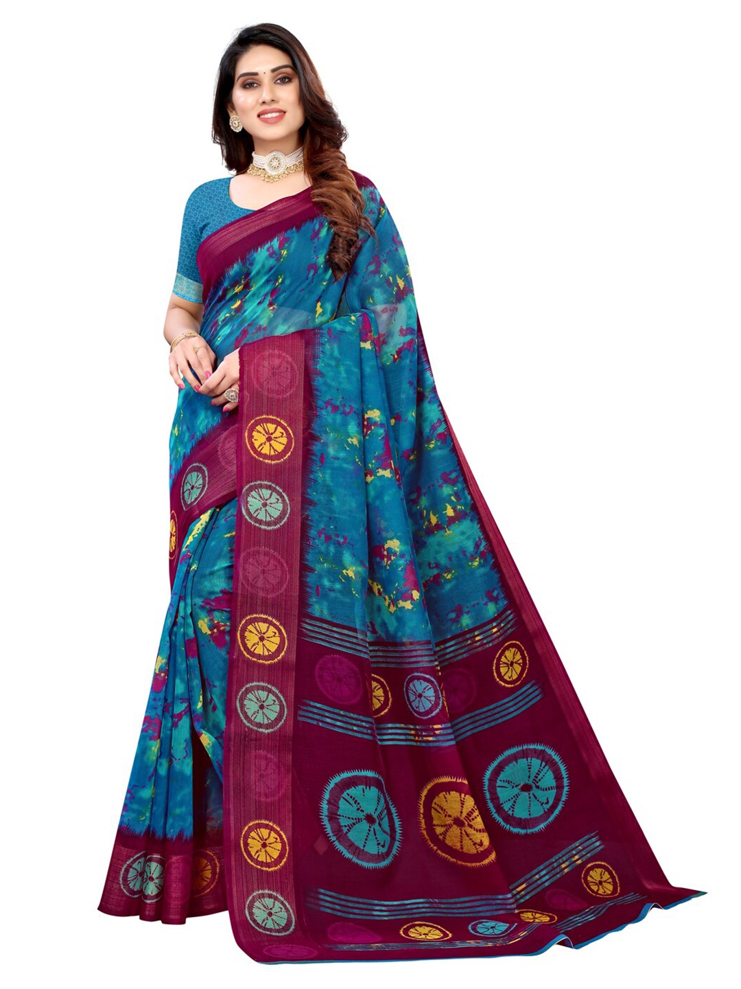 

KALINI Blue & Magenta Printed Zari Saree