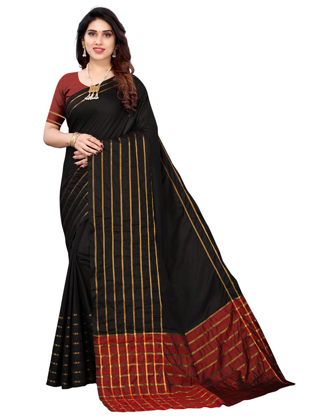 

KALINI Black & Maroon Striped Saree